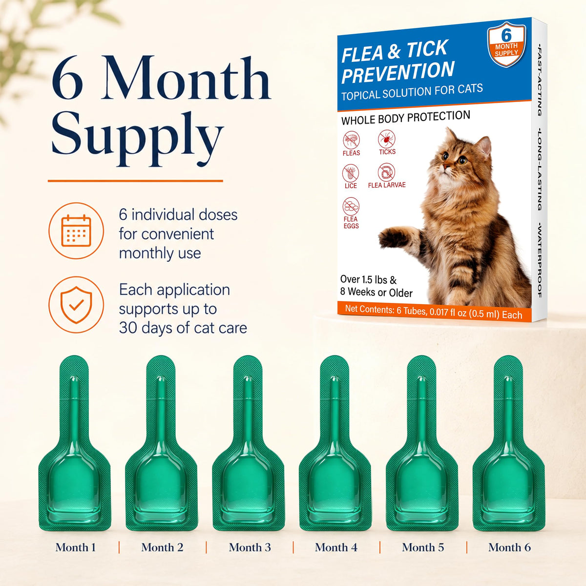 Waterproof Topical Flea & Tick Preventative for Cats, 6 Doses D538