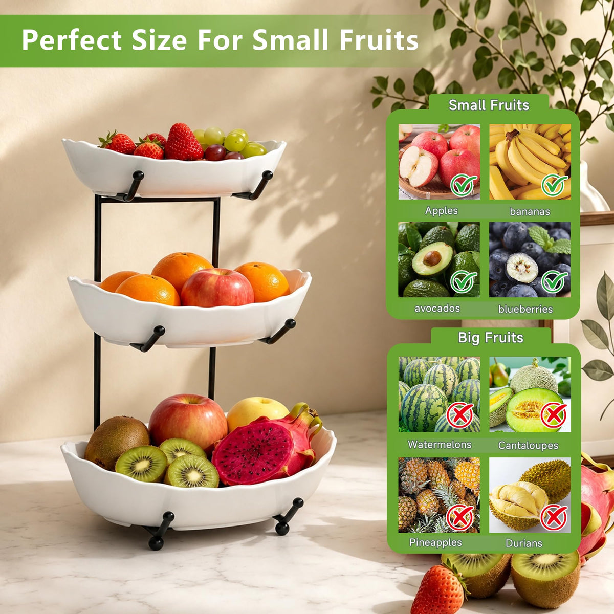 3 Tier Ceramic Fruit Bowl with Metal Stand I96316