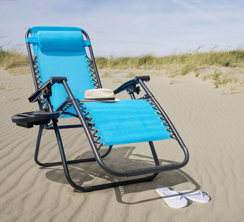 Blue Set of 2 Adjustable Folding Lounge Chair with Pillows and Cup Holders V6386