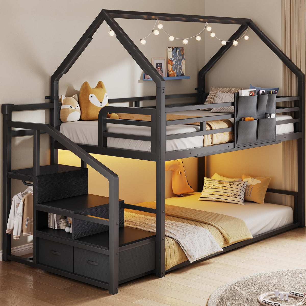 Black Twin Over Twin Metal Bunk Bed with Storage Staircase P59935
