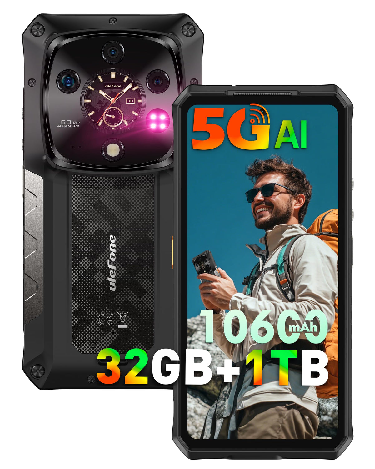 5G AI Rugged Phone, 32GB+1TB/2TB Expansion, 6.67" Dual Screen, 64MP+50MP+50MP Camera, 120W, IP68/IP69K, Android 15 Q468