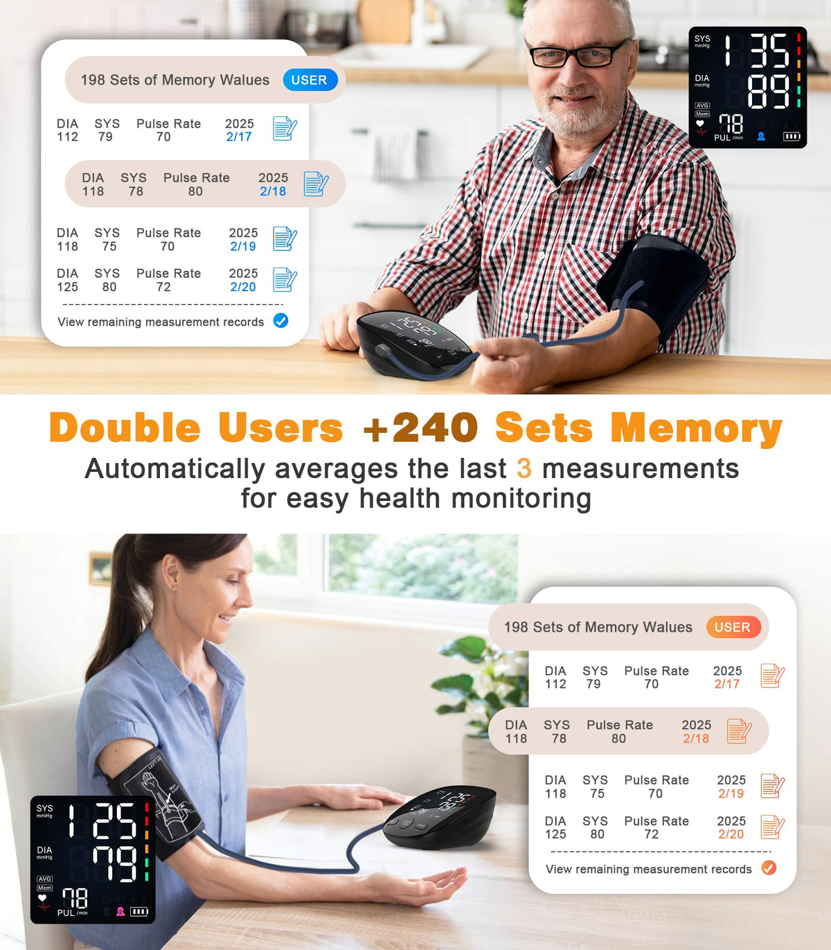 Upper Arm Blood Pressure Monitor with Dual User 240 Memory Sets H7164