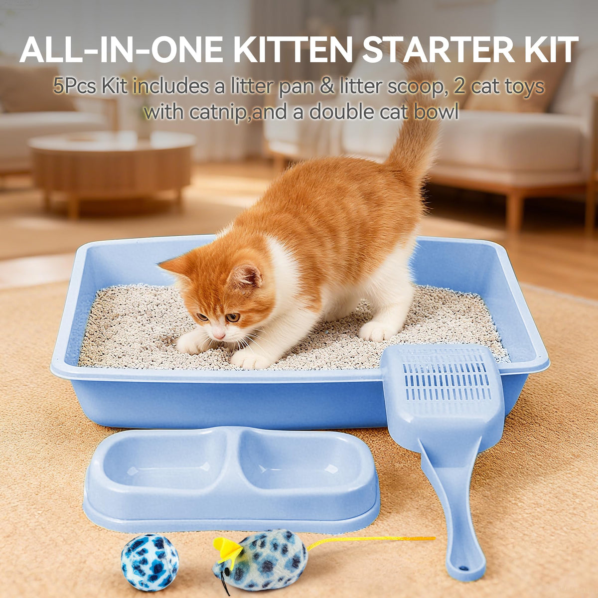 Cat Litter Box Set with Litter Scoop, Double Dish Cat Bowl, Mouse and Ball Toy L80534