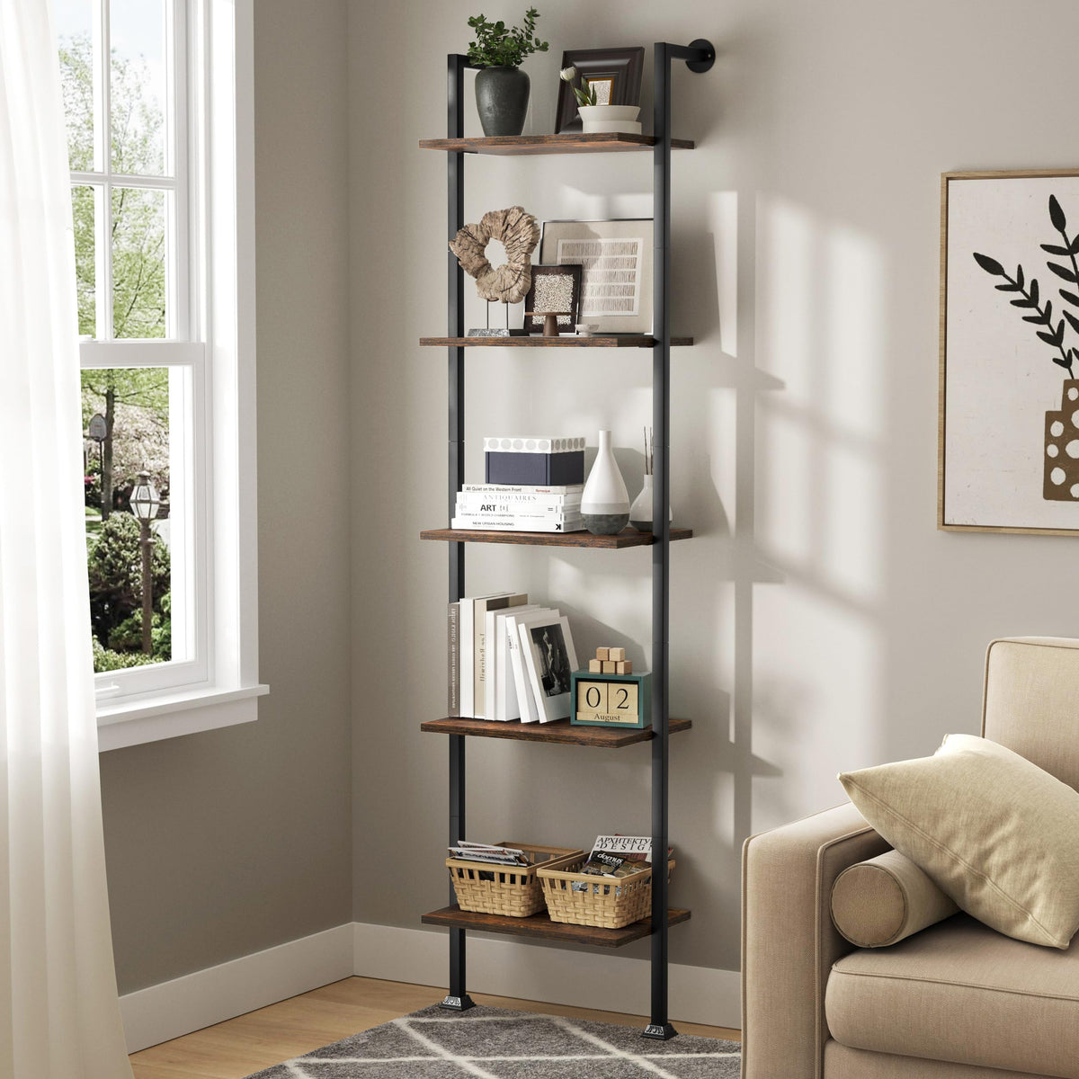 5-Tier Ladder Shelf Black Metal Frame Rustic Brown V28245