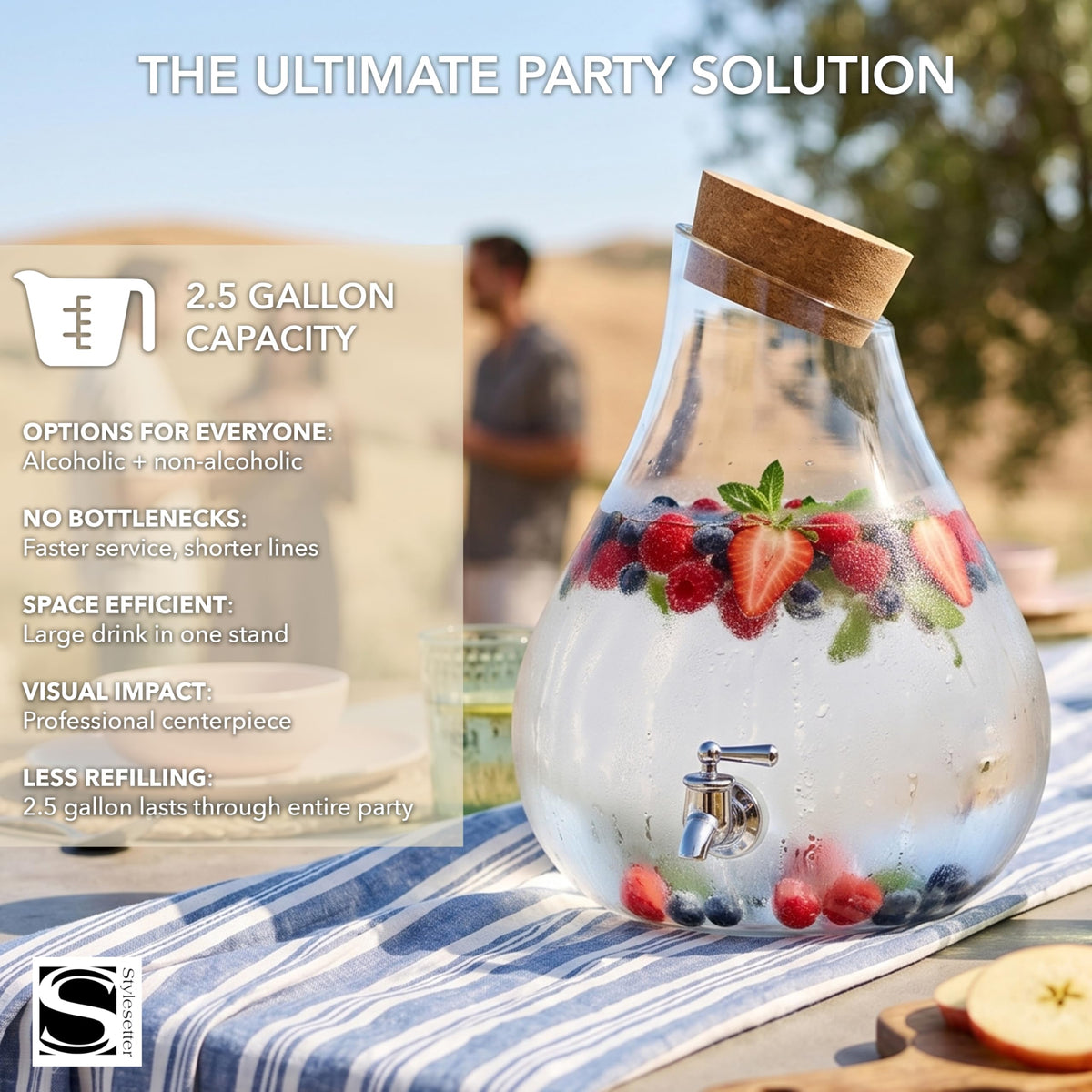 Glass Beverage Dispenser with Cork Lid and Stand 2.5 Gal E915