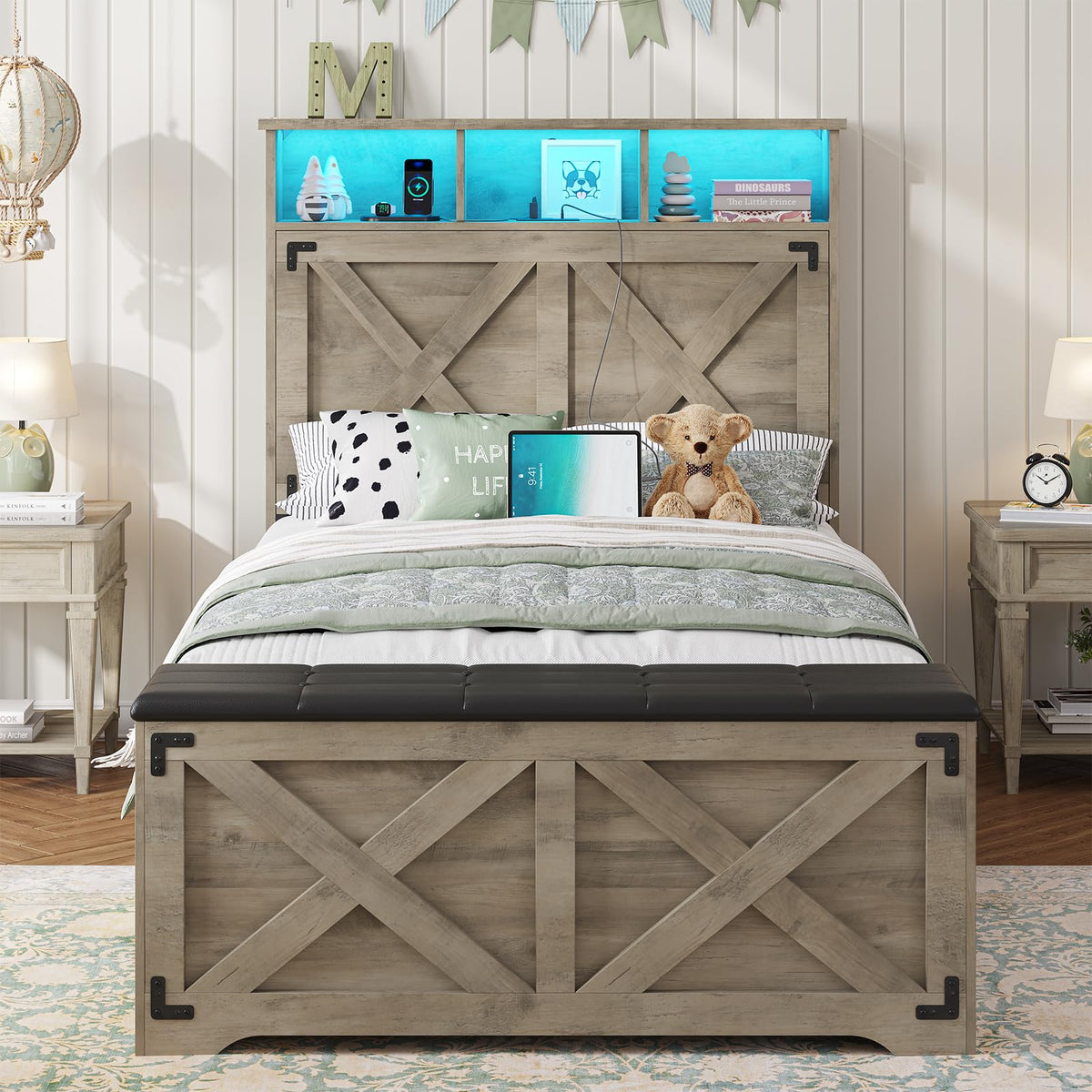 Oak Gray Wood Twin Size Bed Frame with Storage Headboard and Charging Station P846355