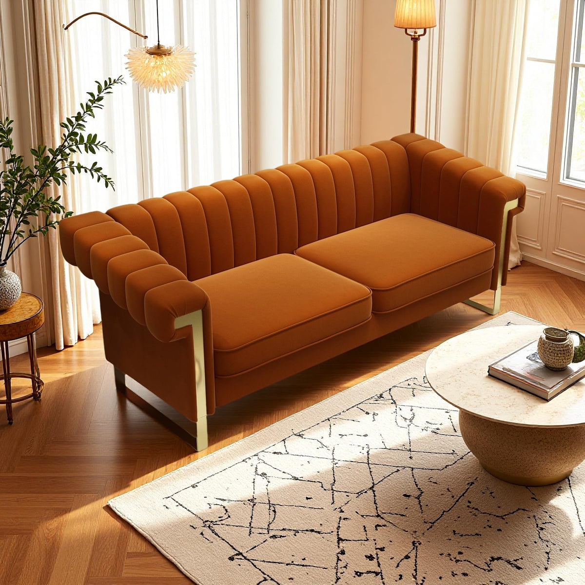 Orange Velvet 3-Seater Sofa with Armrest J7517