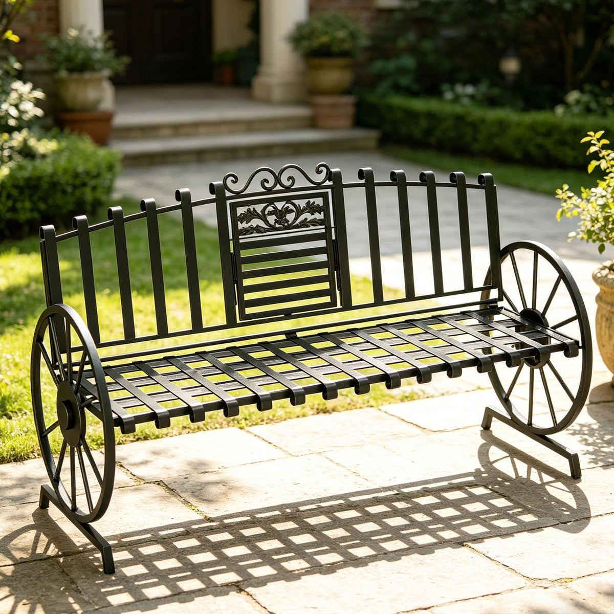 Black Outdoor Garden Bench with Built-in Table O353