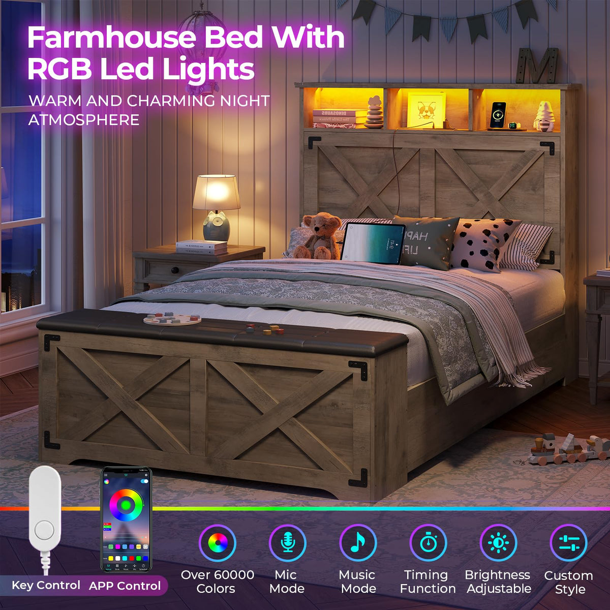 Oak Gray Wood Twin Size Bed Frame with Storage Headboard and Charging Station P846355