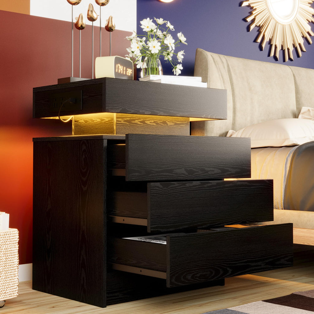 Black 3 Drawer Nightstand with Charging Station U93152
