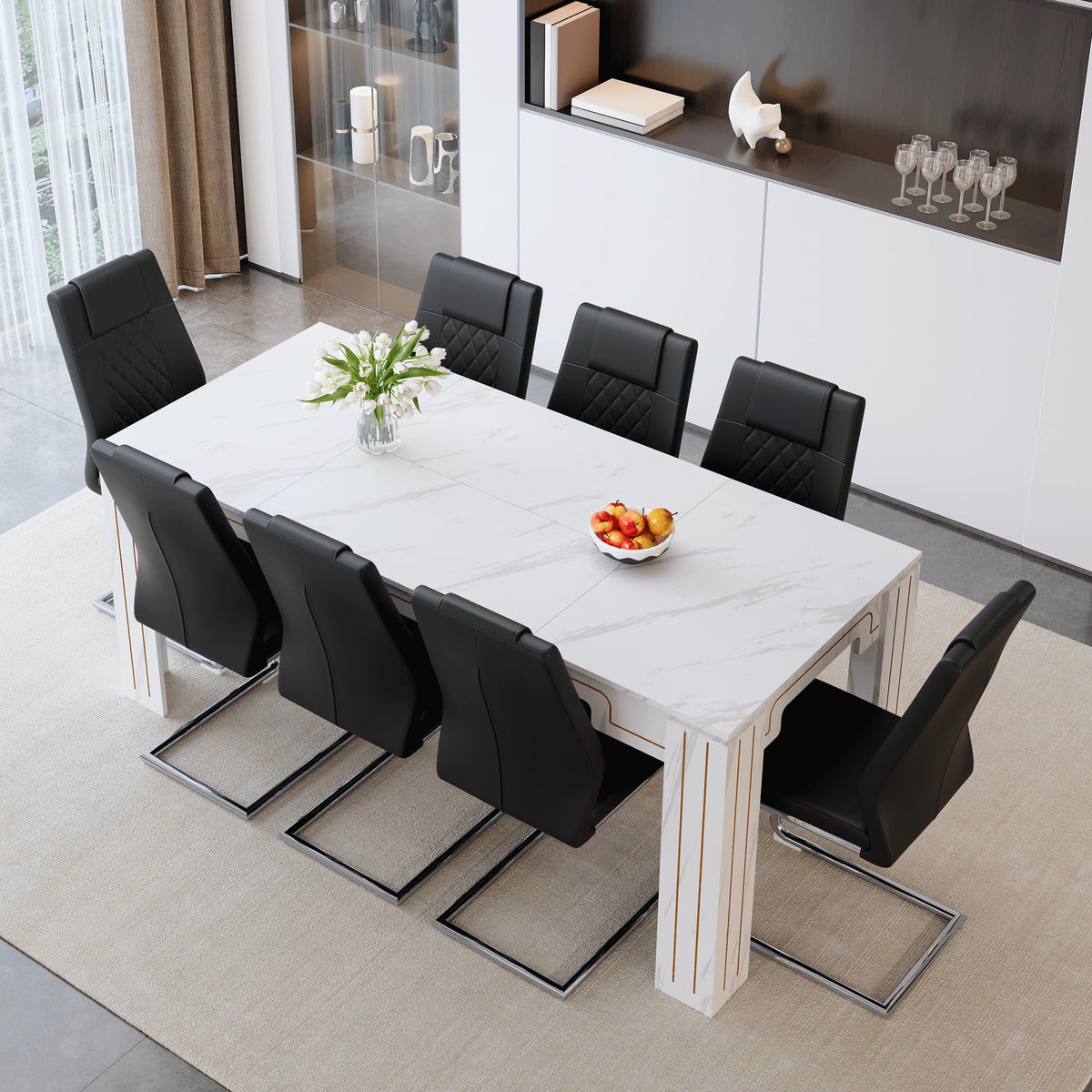 9-Piece Walnut Wood Grain Dining Table Set with 8 Black PU Leather Chairs Q206464