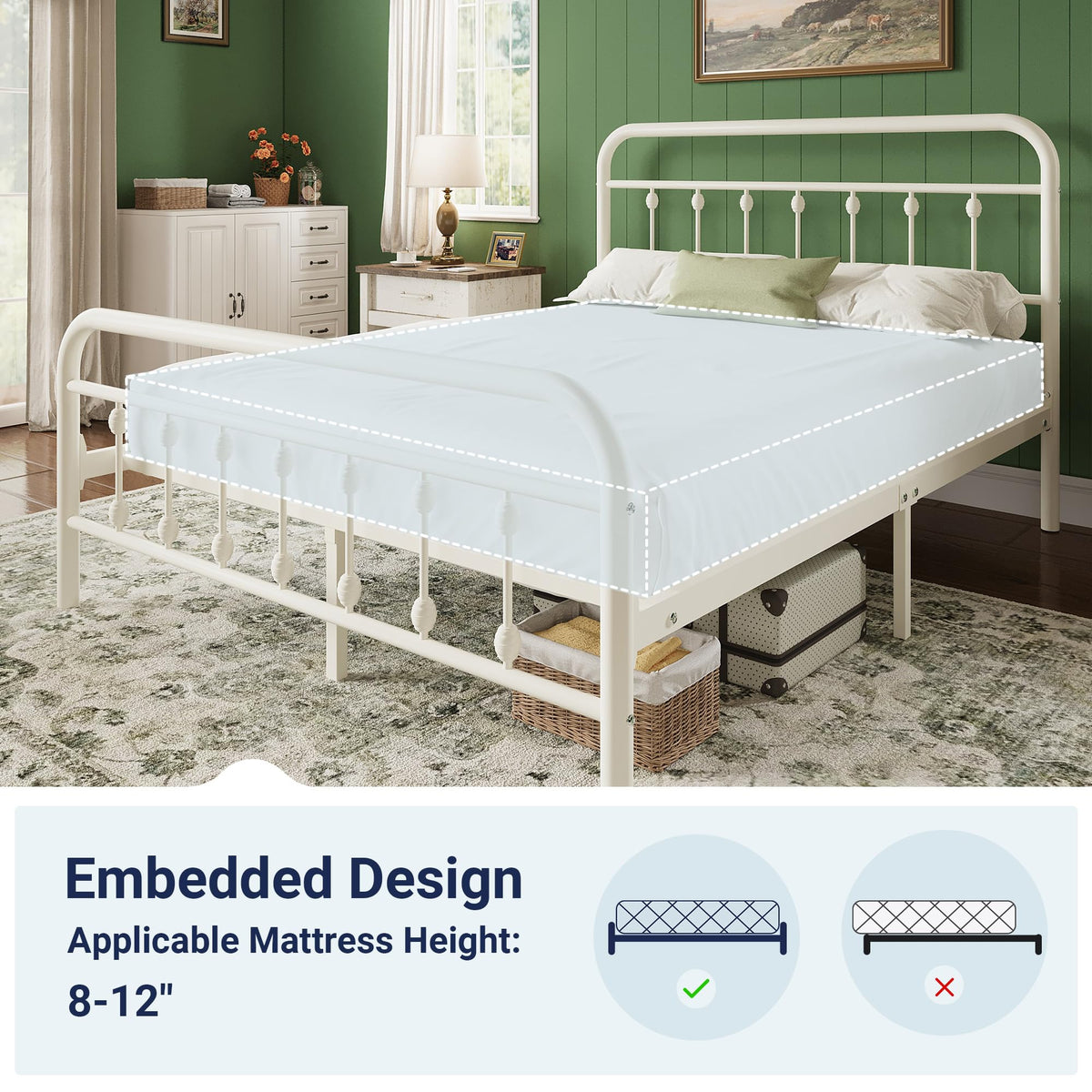 14 Inches Full Size Off White Metal Platform Bed Frame I719272