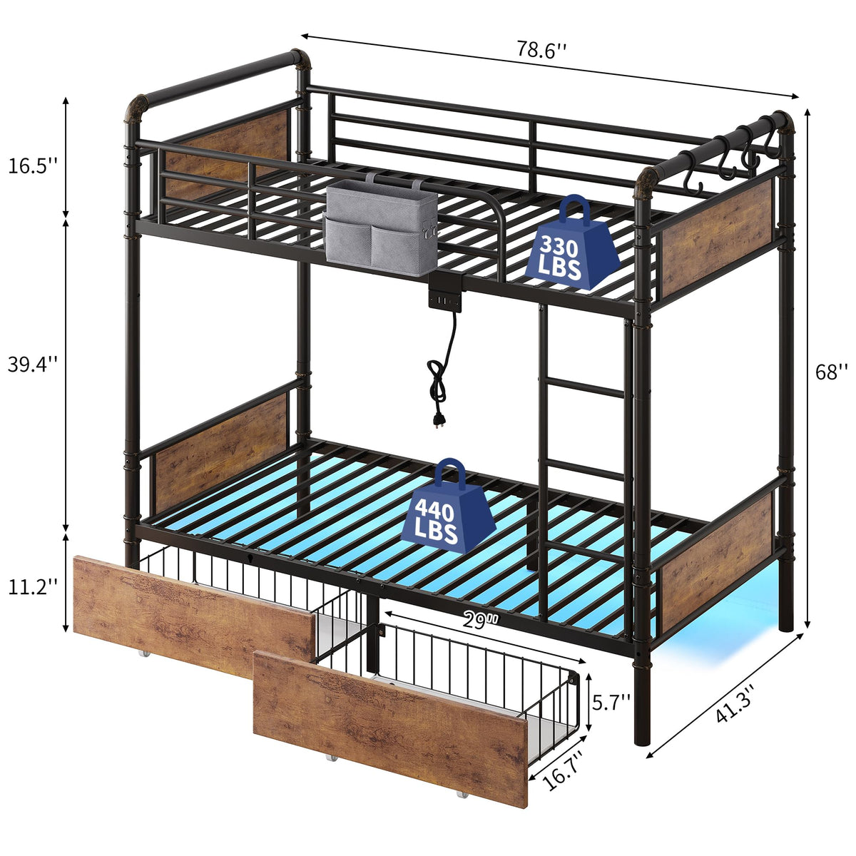 Metal LED Bunk Bed Twin Over Twin with 2 Storage Drawers O93706