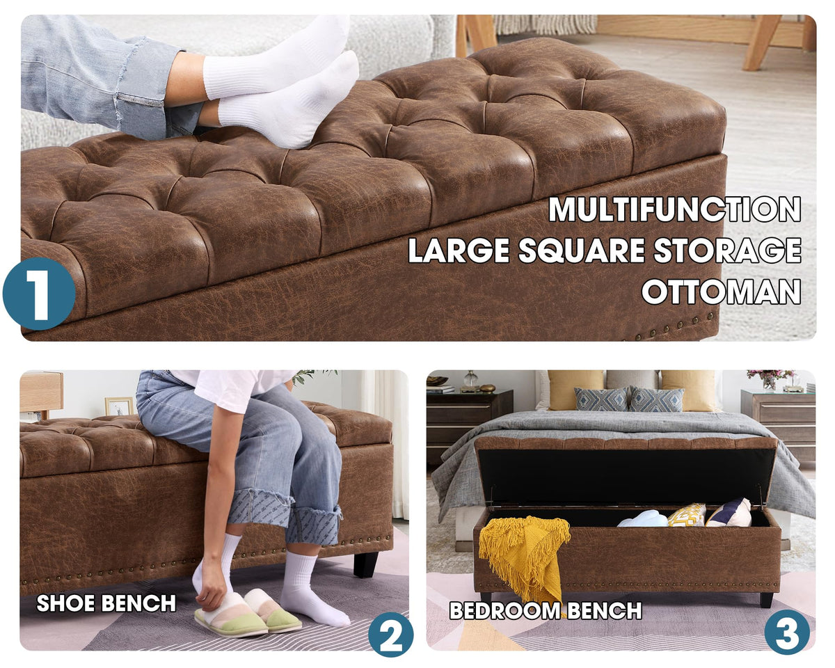 51" Brown Button-Tufted Storage Bench X468