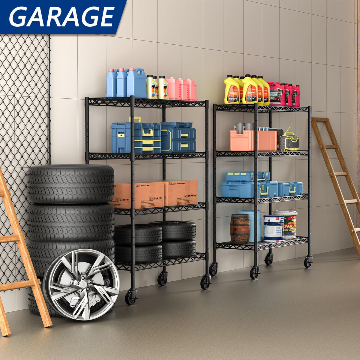 4-Shelf Adjustable Metal Storage Shelving Unit on Wheels, Black H517