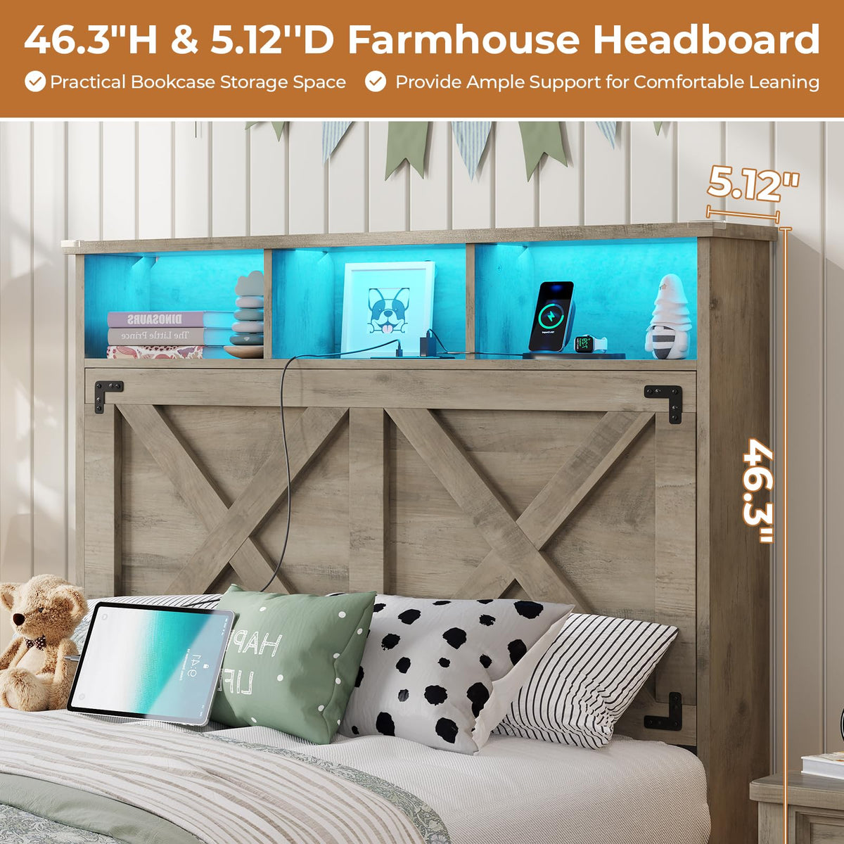 Oak Gray Wood Twin Size Bed Frame with Storage Headboard and Charging Station P846355