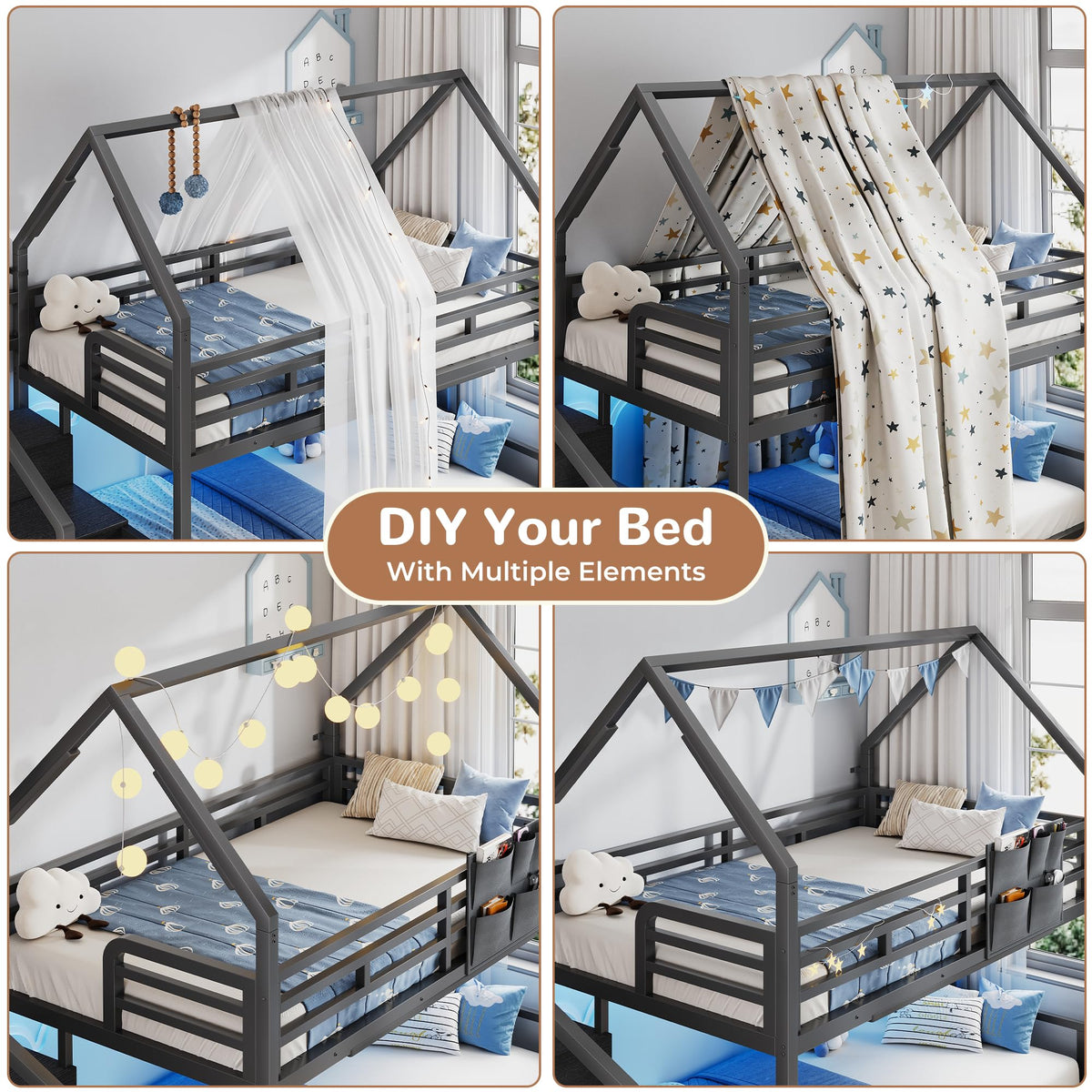 Black Twin Over Twin Metal Bunk Bed with Storage Staircase P59935