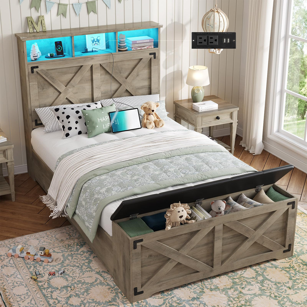 Oak Gray Wood Twin Size Bed Frame with Storage Headboard and Charging Station P846355