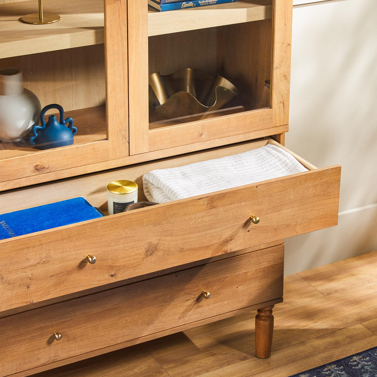 74 Inch English Oak Bookshelf Cabinet with Glass Doors M302435