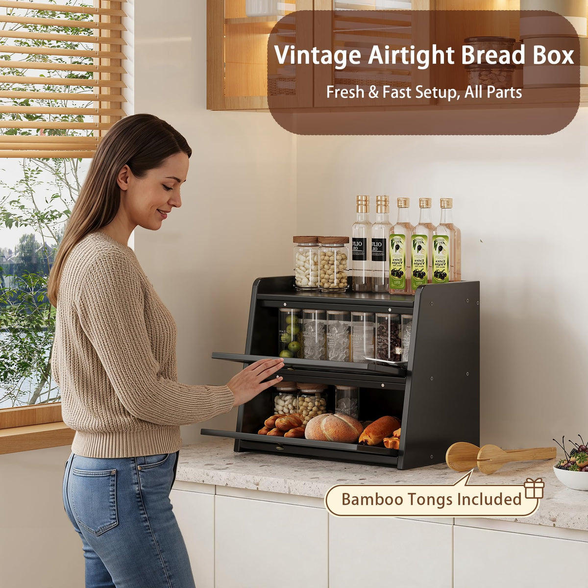 Large Bamboo Bread Box with Window Z4683