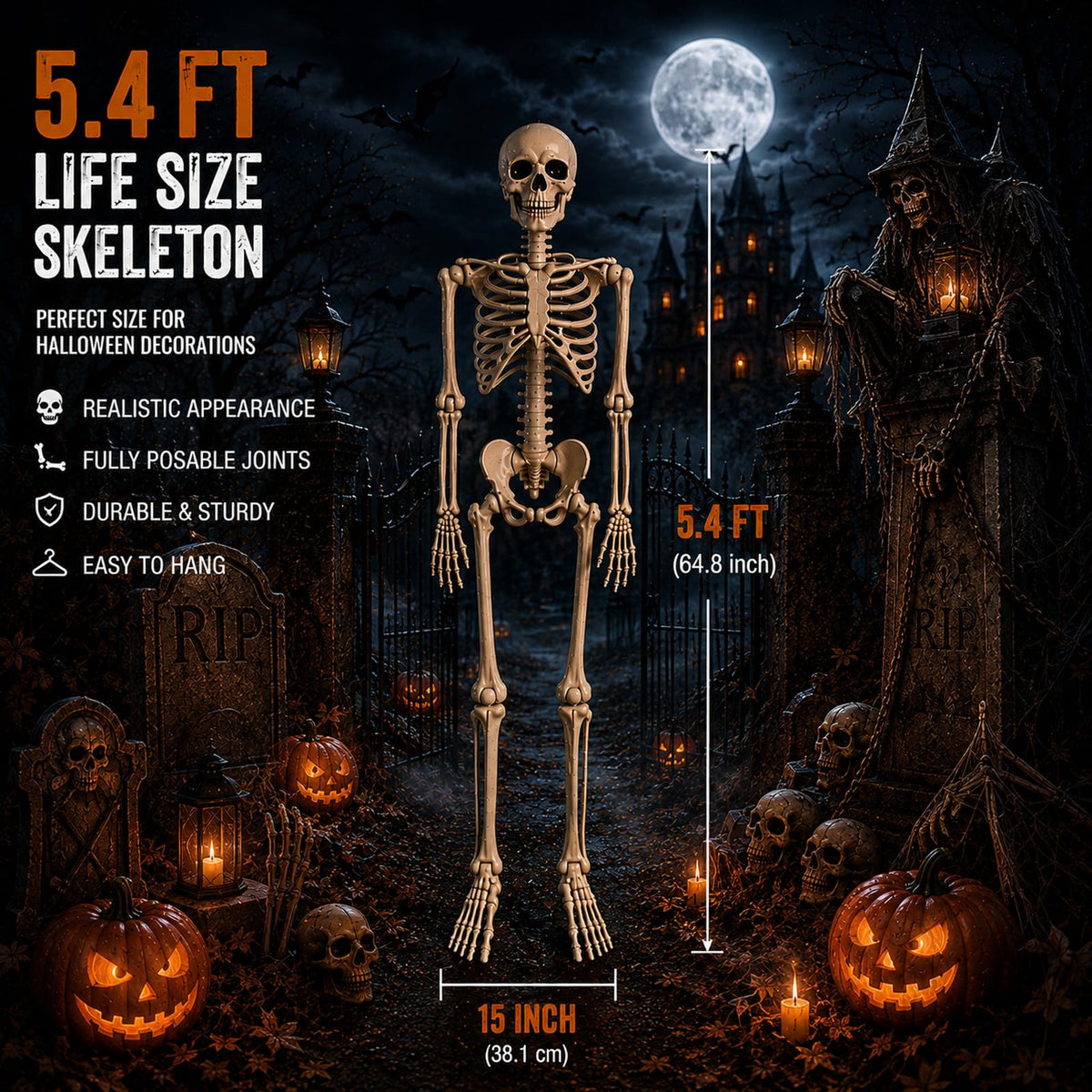 5.4 ft Posable Halloween Skeleton with Movable Joints O3149