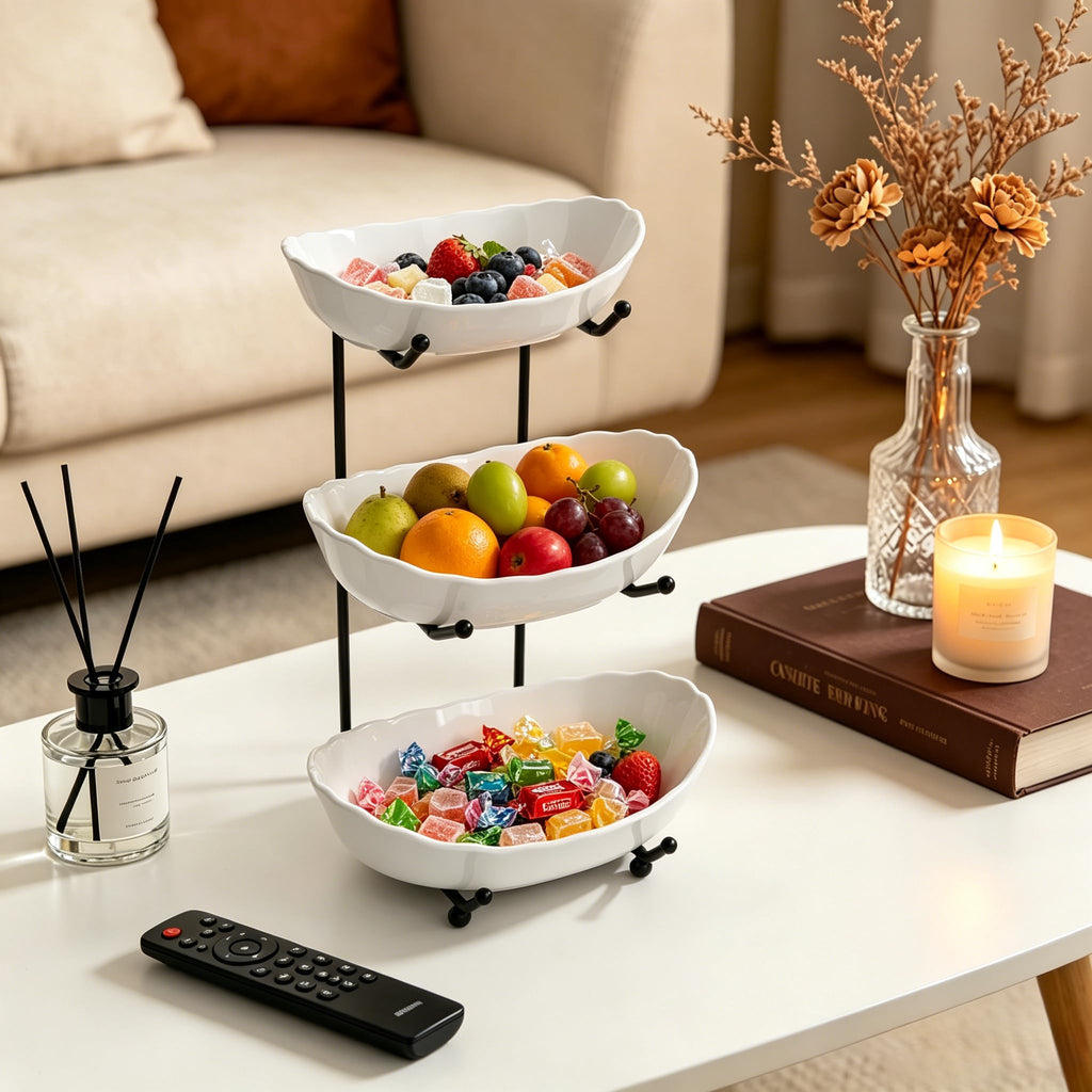 3 Tier Ceramic Fruit Bowl with Metal Stand I96316