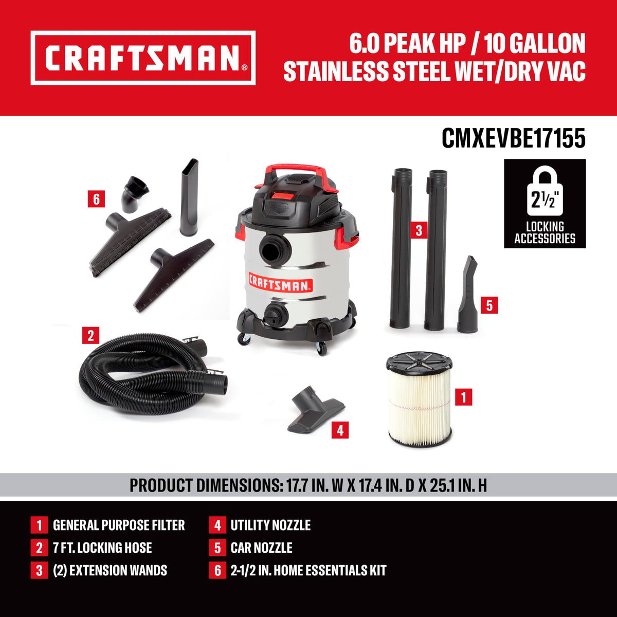 10 Gallon 6.0 Peak HP Stainless Steel Vacuum X3585