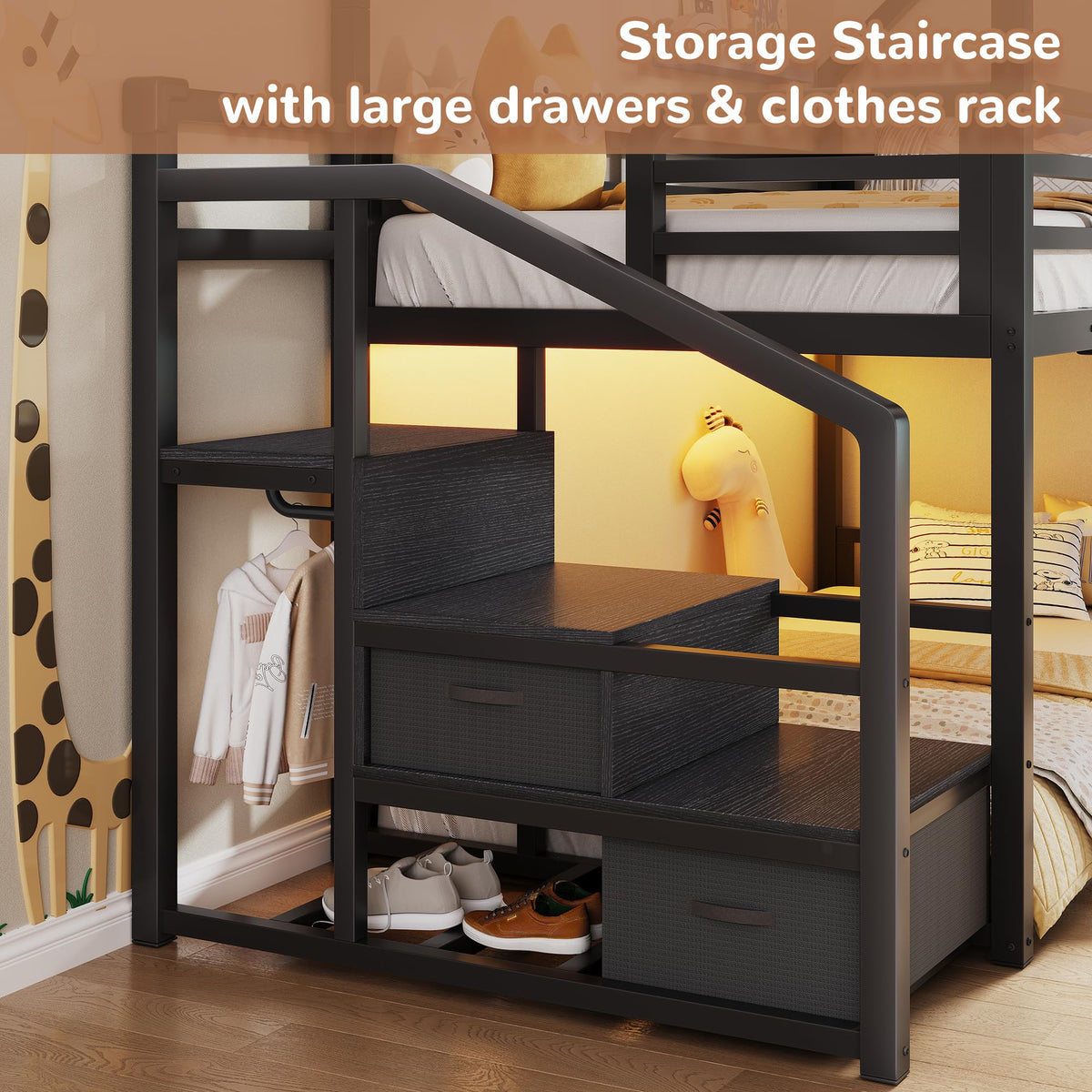Black Twin Over Twin Metal Bunk Bed with Storage Staircase P59935