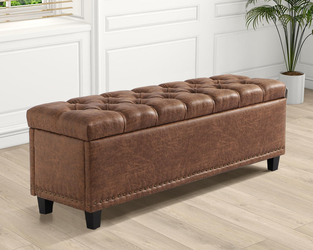 51" Brown Button-Tufted Storage Bench X468
