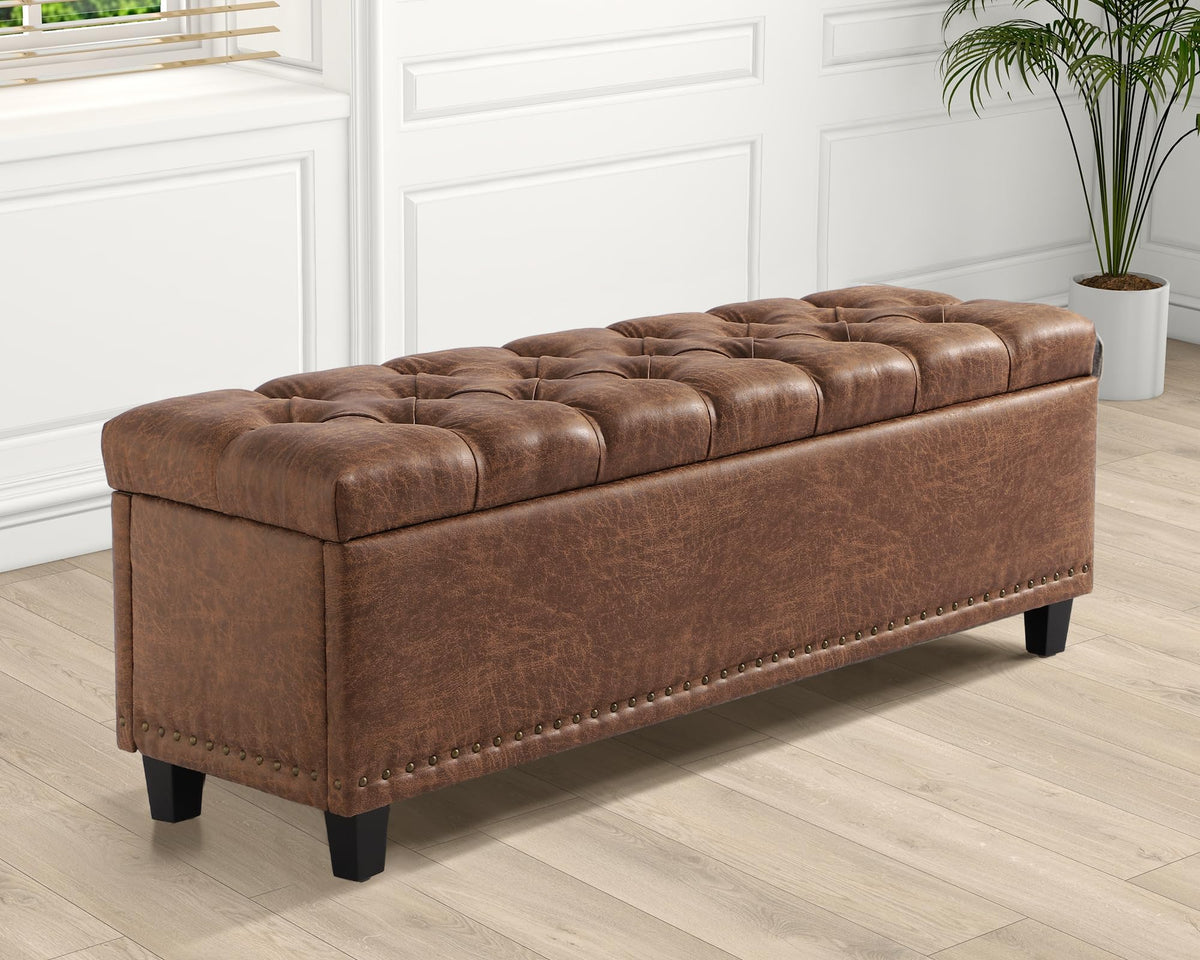 51" Brown Button-Tufted Storage Bench X468