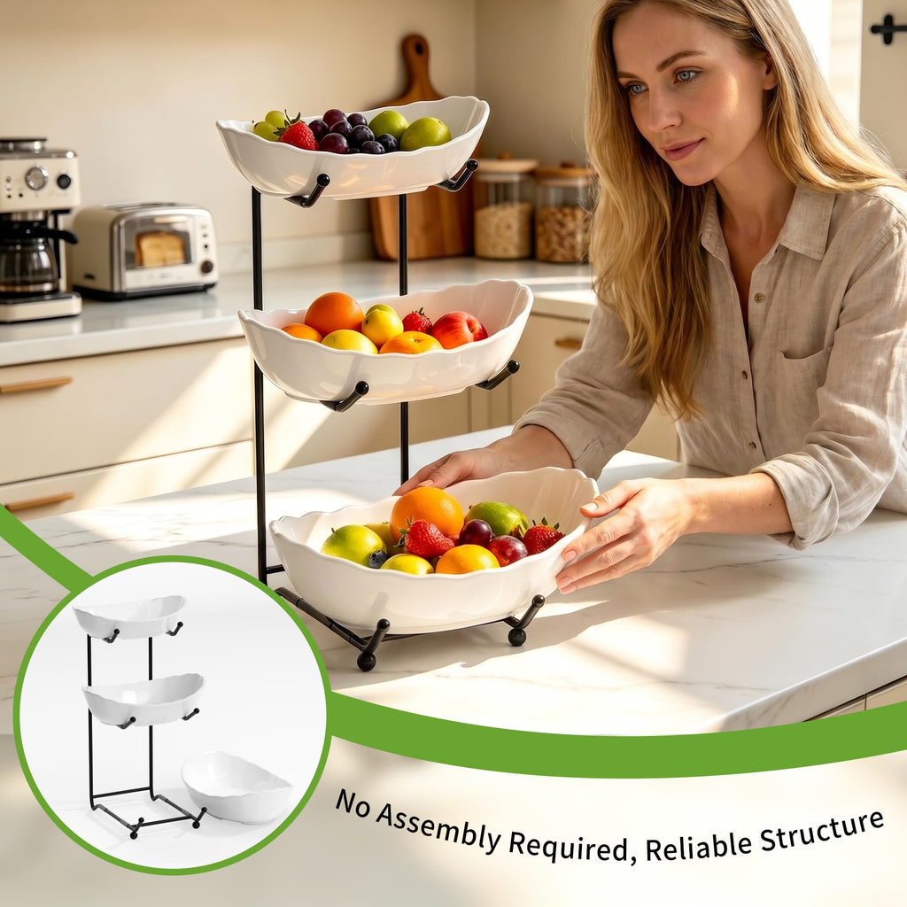 3 Tier Ceramic Fruit Bowl with Metal Stand I96316