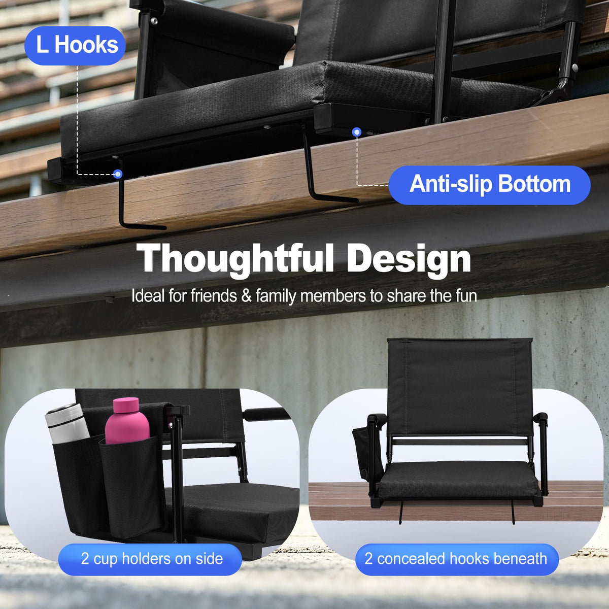 2 Packs Foldable Stadium Seats with Adjustable Backrest and Cup Holders Black H632