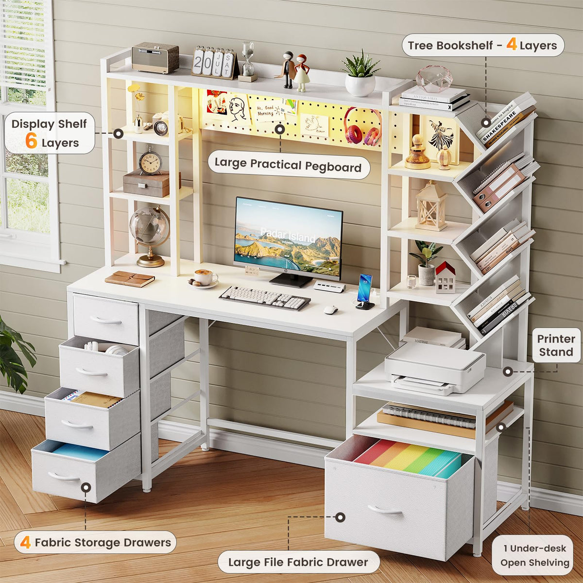 61.4" Computer Desk with Bookshelf, 5 Drawers, Hutch, Outlet, LED T7134