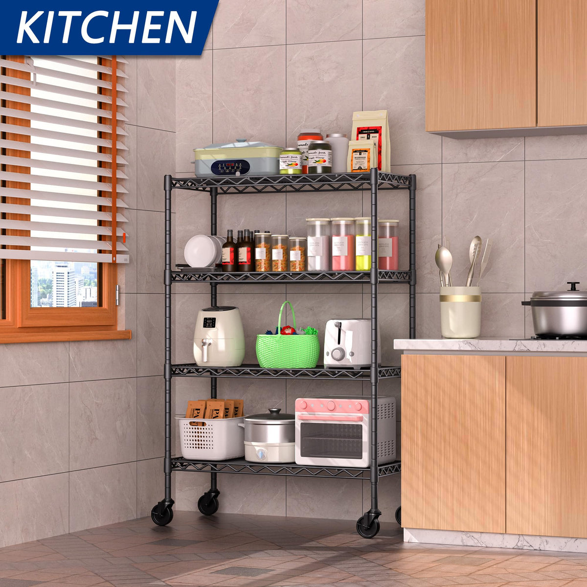 4-Shelf Adjustable Metal Storage Shelving Unit on Wheels, Black H517
