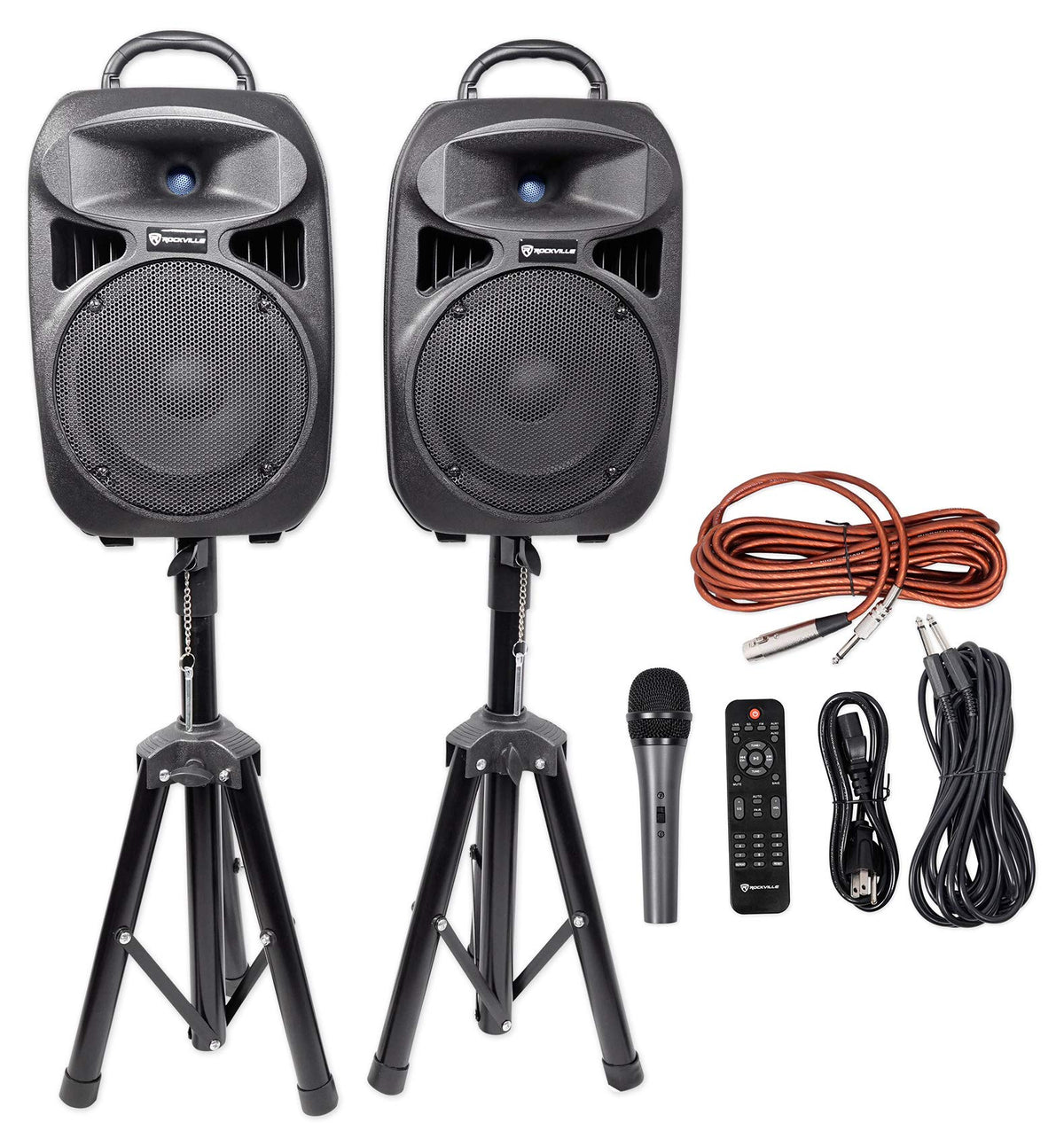Powered PA Speaker Package with Mic Stands Cables E1079