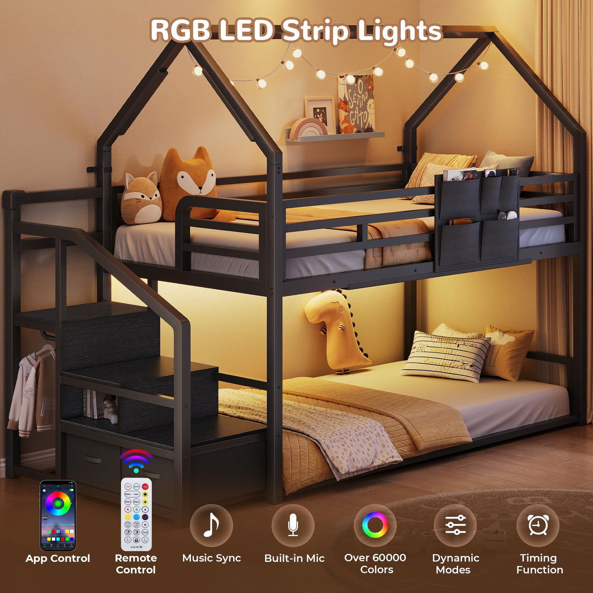 Black Twin Over Twin Metal Bunk Bed with Storage Staircase P59935