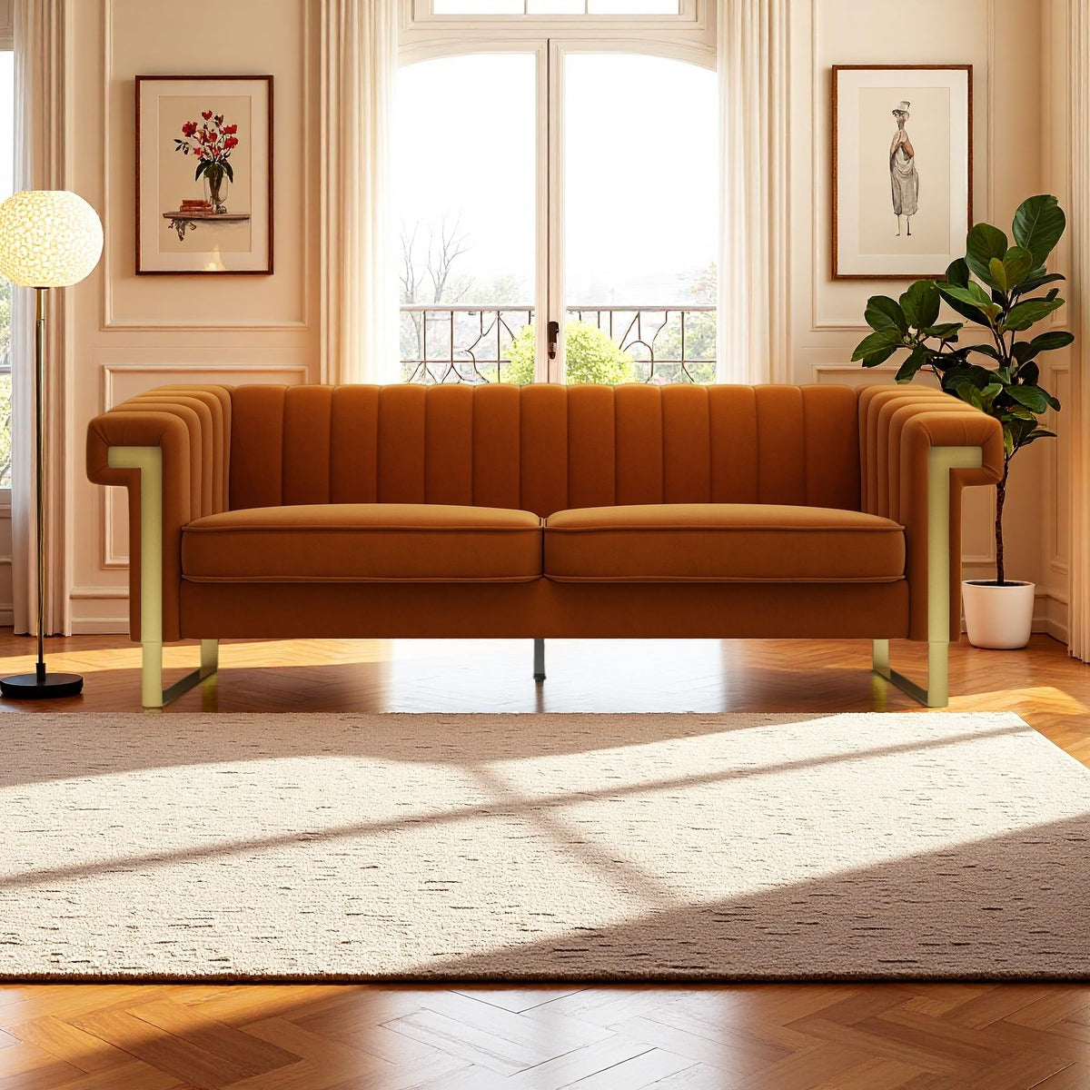 Orange Velvet 3-Seater Sofa with Armrest J7517