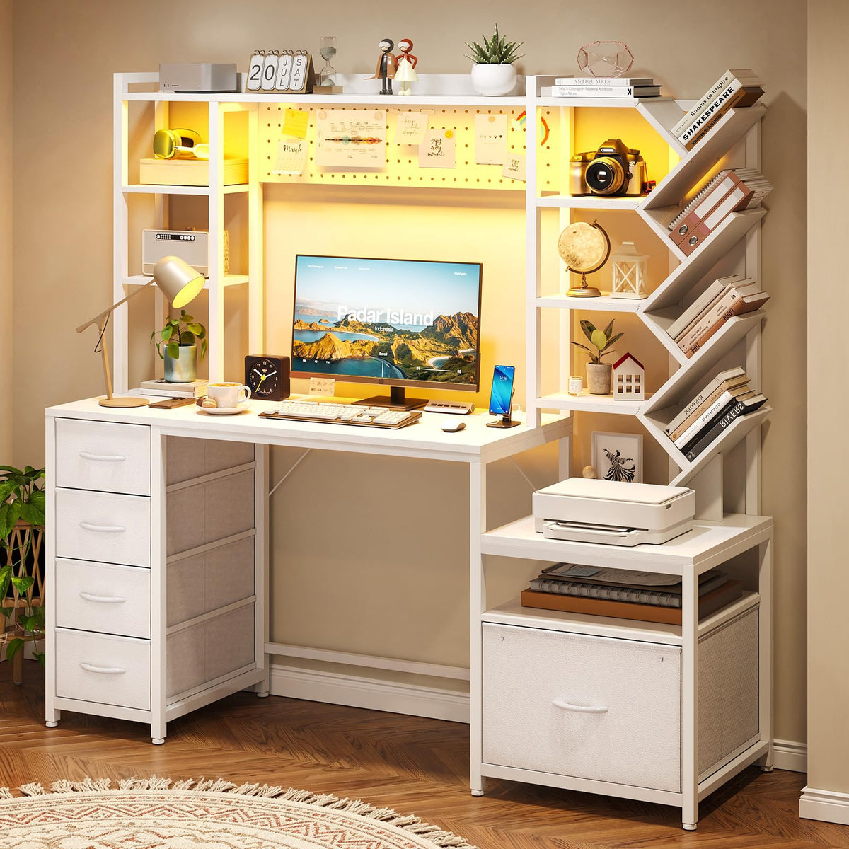 61.4" Computer Desk with Bookshelf, 5 Drawers, Hutch, Outlet, LED T7134