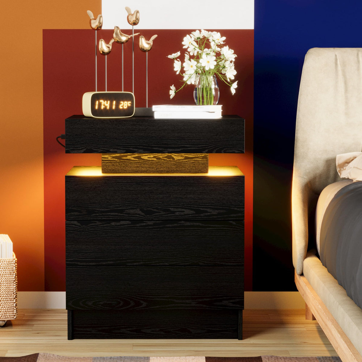 Black 3 Drawer Nightstand with Charging Station U93152