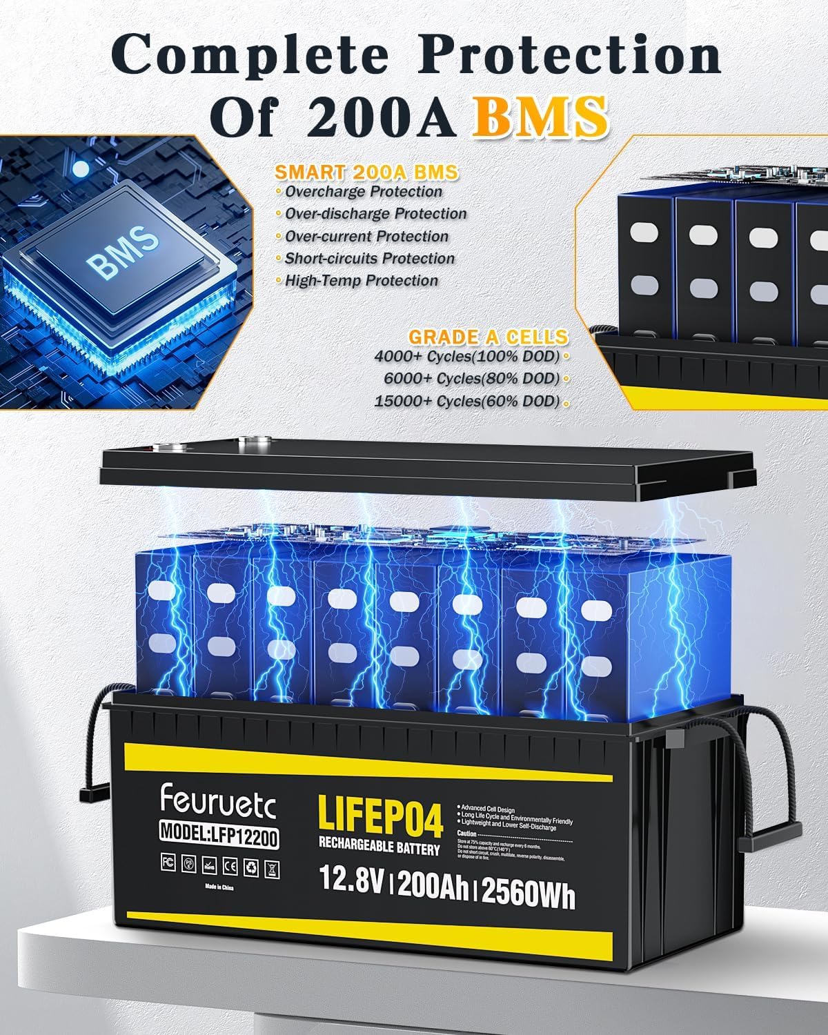 12V 200Ah LiFePO4 Deep Cycle Lithium Battery with 200A BMS L892