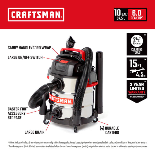 10 Gallon 6.0 Peak HP Stainless Steel Vacuum U976