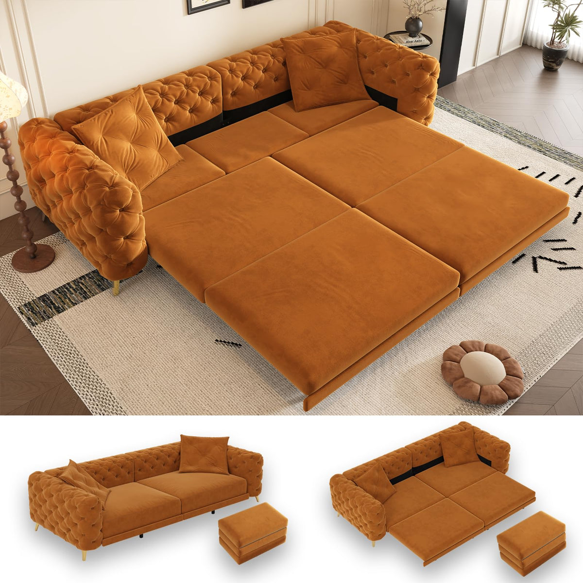 Orange Velvet 3 in 1 Convertible Sleeper Sofa E64856