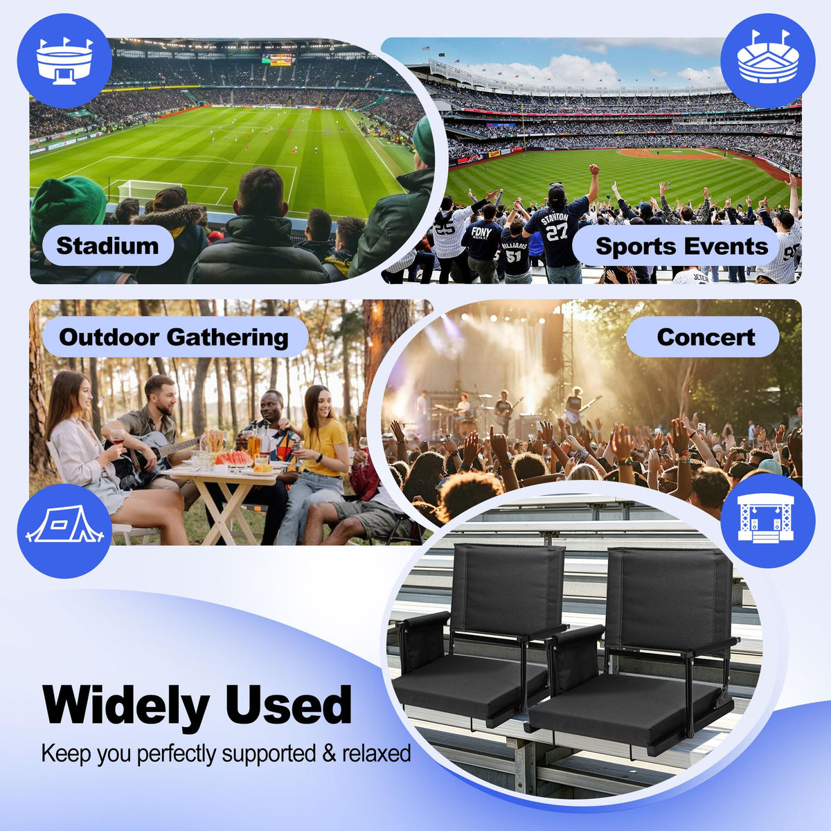 2 Packs Foldable Stadium Seats with Adjustable Backrest and Cup Holders Black H632