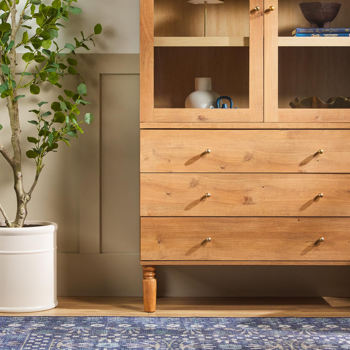 74 Inch English Oak Bookshelf Cabinet with Glass Doors M302435