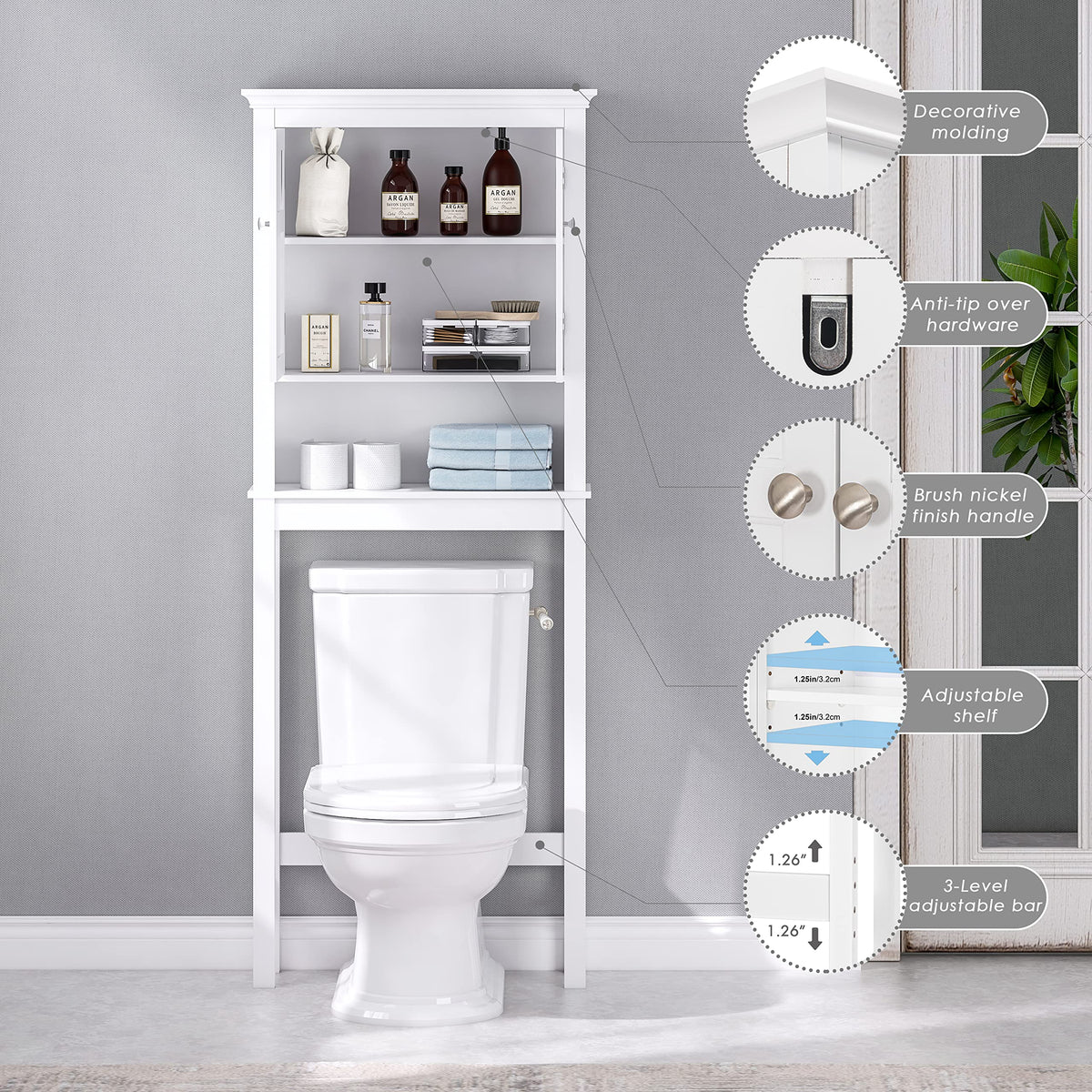 Over the Toilet Storage Cabinet with Doors and Adjustable Shelf H625927