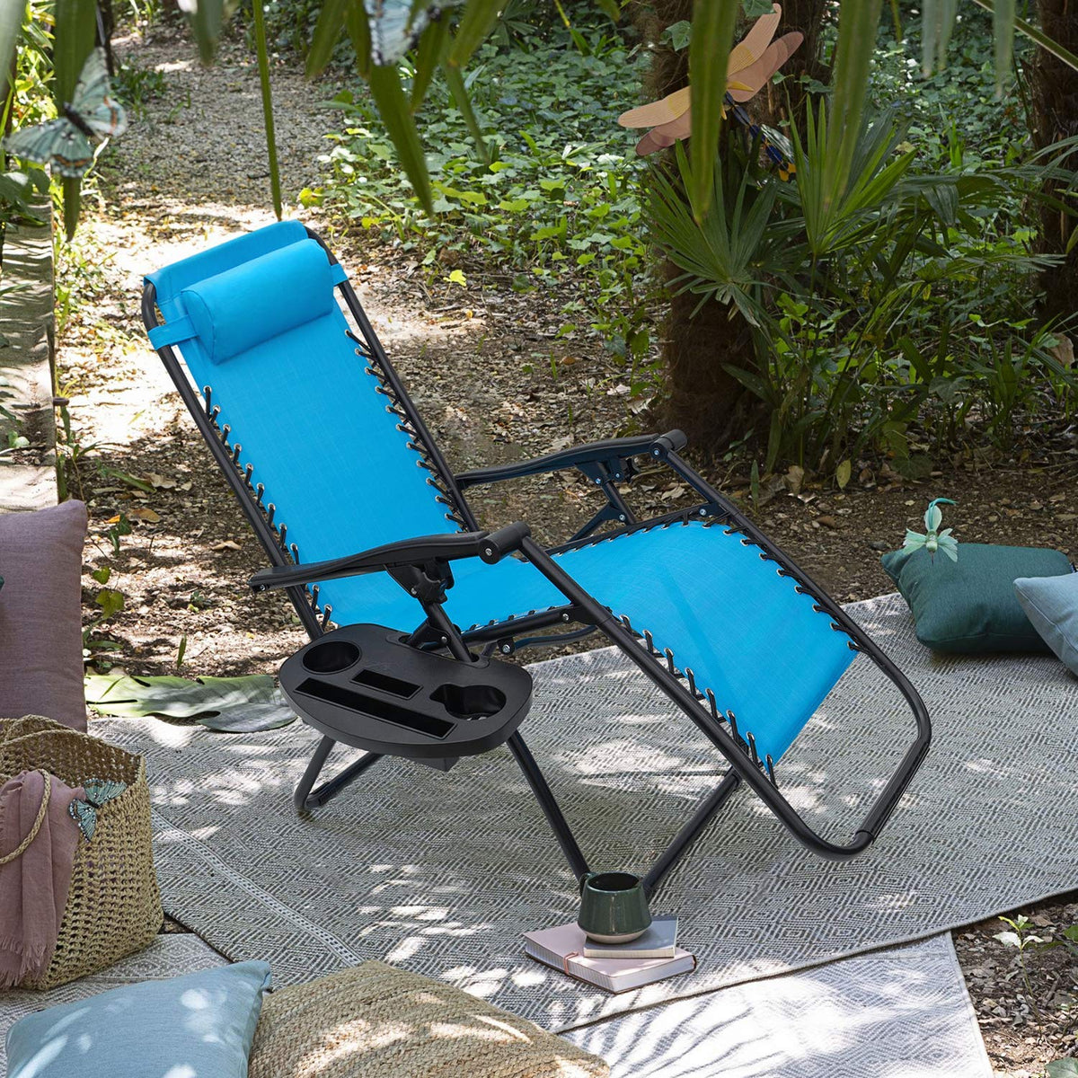 Blue Set of 2 Adjustable Folding Lounge Chair with Pillows and Cup Holders V6386