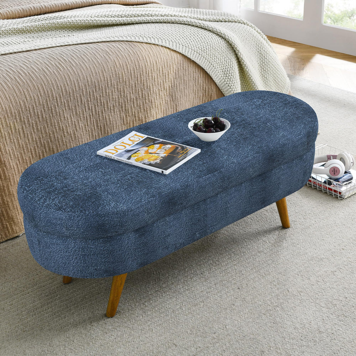 Dark Blue Upholstered Storage Bench with Rubber Wood Legs U64176