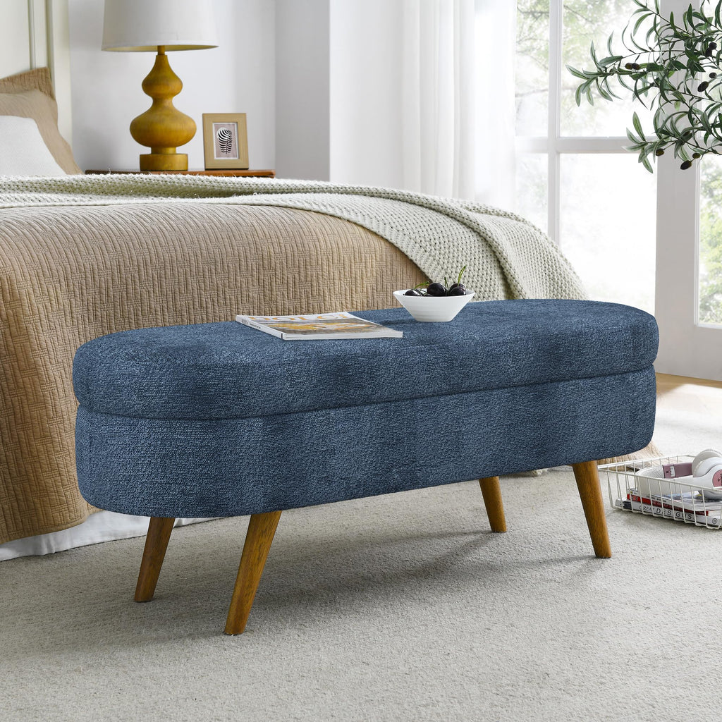 Dark Blue Upholstered Storage Bench with Rubber Wood Legs U64176