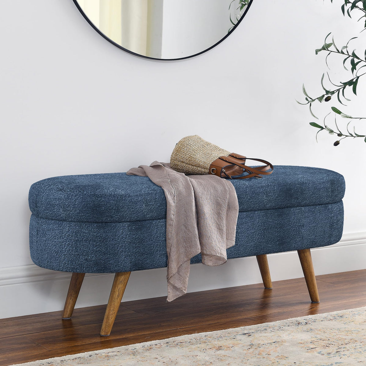 Dark Blue Upholstered Storage Bench with Rubber Wood Legs U64176