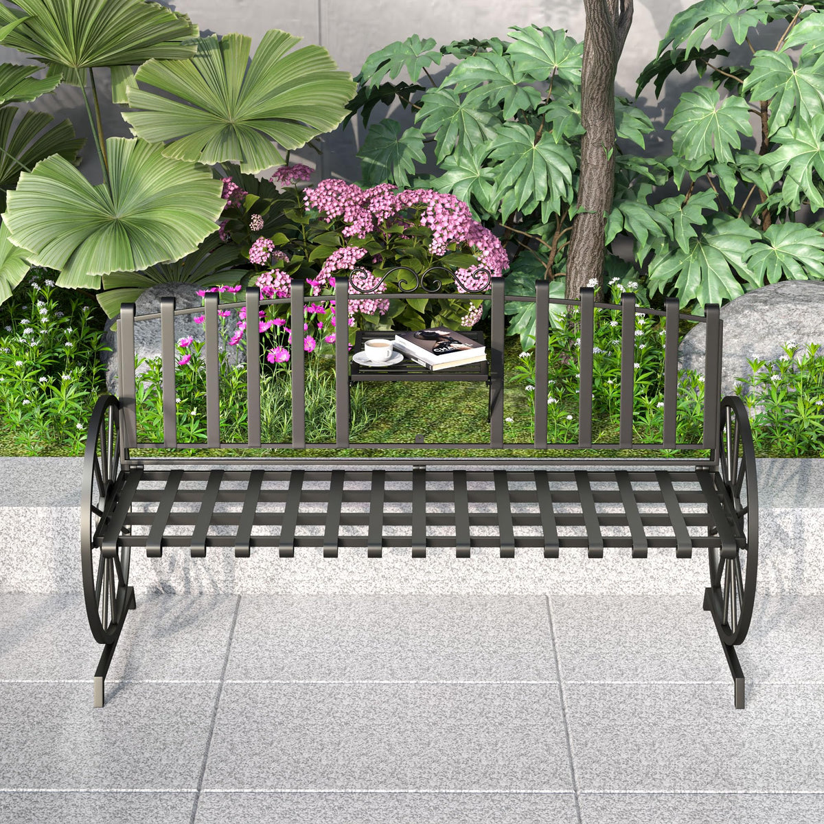 Black Outdoor Garden Bench with Built-in Table O353